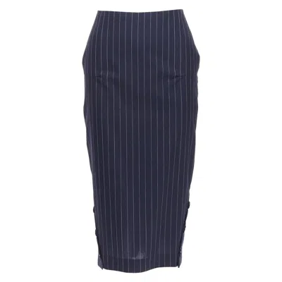 Pre-owned Victoria Beckham 100% Wool Navy Pinstriped 2-way Zip Pencil Skirt Uk6 Xs In Blue