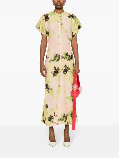 Victoria Beckham Abstract Print Short Sleeve Drape Shouler Maxi Dress In Peach Lime