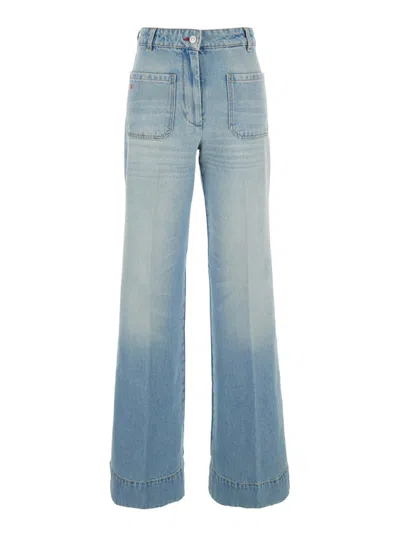 Victoria Beckham 'alina' Blue Jeans With Pockets And Logo Applied On The Front In Denim Woman