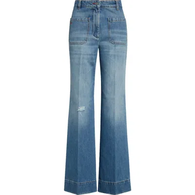 Victoria Beckham Alina High Waist Distressed Flare Jeans In Worn Blue Wash