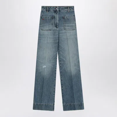Victoria Beckham Logo-embroidered Wide Jeans In Blue