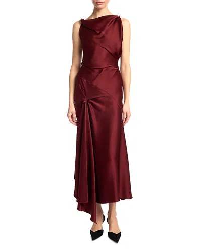 Victoria Beckham Asymmetric Draped Sleeveless Satin Midi Dress In Burgundy