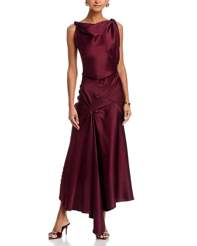 Victoria Beckham Asymmetric Draped Sleeveless Satin Midi Dress In Burgundy