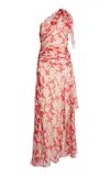 Victoria Beckham Floral Print One-shoulder Draped Midi Dress In Tan