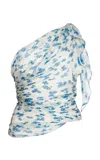 Victoria Beckham Asymmetric Draped Floral Ruched Sleeve Top In Multi