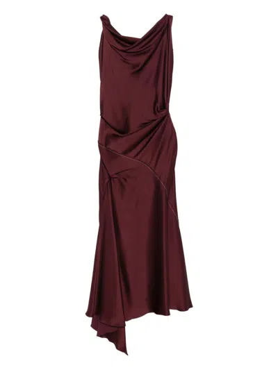Victoria Beckham Asymmetric Draped Sleeveless Satin Midi Dress In Burgundy