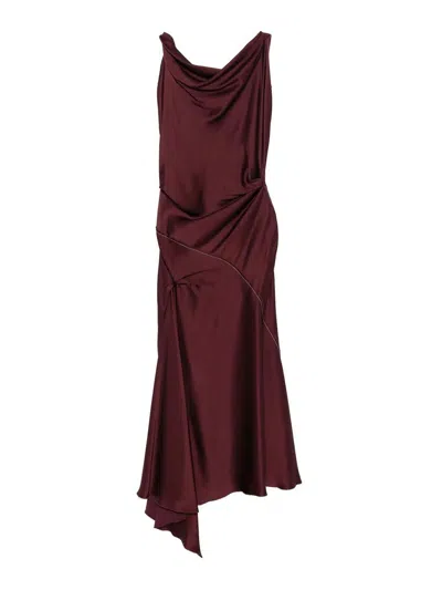 Victoria Beckham Asymmetric Draped Sleeveless Satin Midi Dress In Burgundy