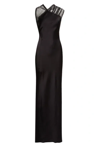 Victoria Beckham Asymmetric Mesh Trim Trumpet Gown In Black