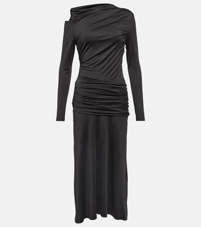 Victoria Beckham Cold-shoulder Ruched Glossed-jersey Midi Dress In Black