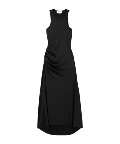 Victoria Beckham Asymmetric Ruched Satin-jersey Midi Dress In Black
