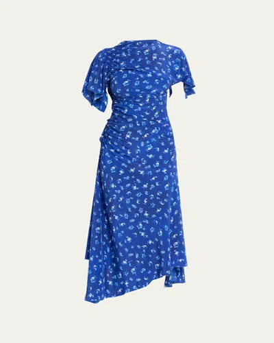 Victoria Beckham Asymmetric Smocked Short-sleeve Midi Dress In Blue