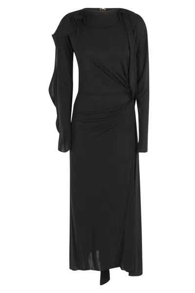 Victoria Beckham Asymmetrical Long Sleeve Draped Jersey Dress In Black