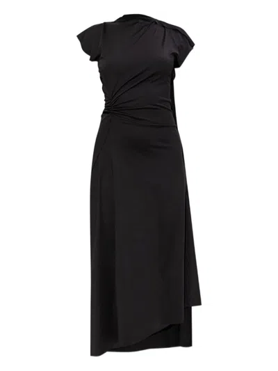 VICTORIA BECKHAM ASYMMETRICALLY DRAPED BLACK MIDI DRESS WITH SOFT RUCHING