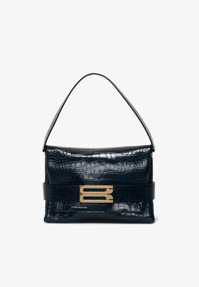 Victoria Beckham B Buckle Shoulder Bag In Croc-embossed Leather In Midnight Blue