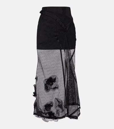Victoria Beckham Basque Floral-appliqué Mesh Midi Skirt In Black