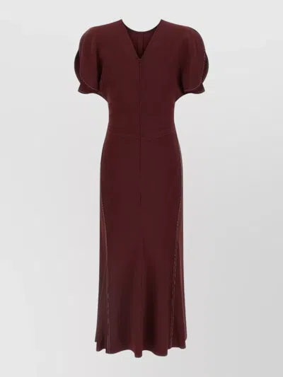 Victoria Beckham Bela Dress Ruched Detail Short Sleeves In Burgundy