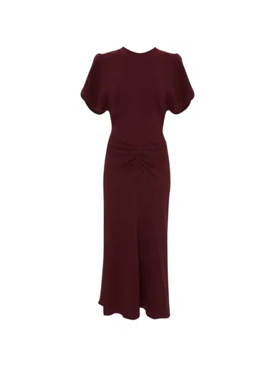Victoria Beckham Pleated V-neck Short-sleeve Midi Dress In Brown