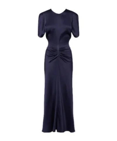 Victoria Beckham Bela Gathered Satin Midi Dress In Blue