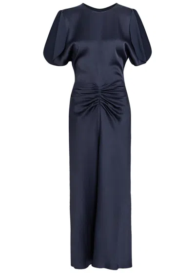 Victoria Beckham Bela Gathered Satin-crepe Midi Dress In Blue