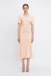Victoria Beckham Eve Gathered-waist Satin Midi Dress In Neutral