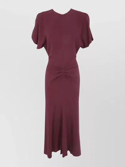 Victoria Beckham Bela Midi Dress Short Sleeves Ruched In Burgundy