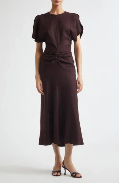 Victoria Beckham Bela Draped Wool Midi Dress In Brown