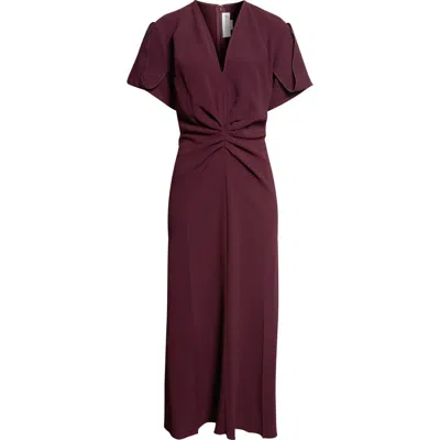 Victoria Beckham Bella Gathered Waist V-neck Wool Blend Midi Dress In Burgundy