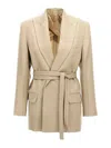 Victoria Beckham Belted Waist Blazer With Chest And Flap Pockets In Beige