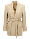 Victoria Beckham Belted Waist Blazer With Chest And Flap Pockets In Beige