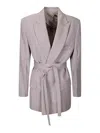 Victoria Beckham Belted Textured-wool Blazer In Light Grey