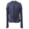 Victoria Beckham Belted Knitted Sleeve Blazer In Navy Blue Wool In Blue