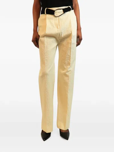 Pre-owned Victoria Beckham Belted Seersucker-texture Trousers In Neutral