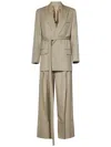 Victoria Beckham Belted Tailored Beige Dress In Virgin Wool