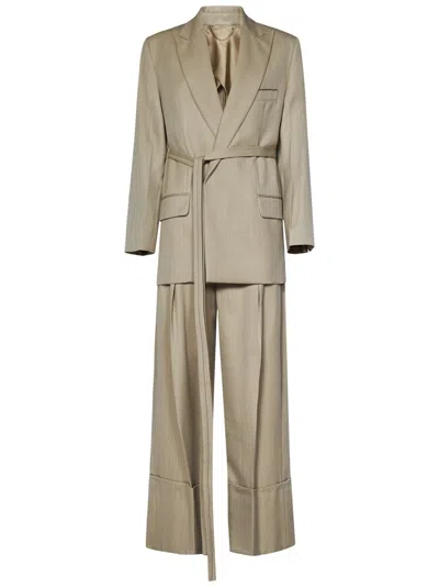 Victoria Beckham Belted Tailored Beige Dress In Virgin Wool In Neutrals