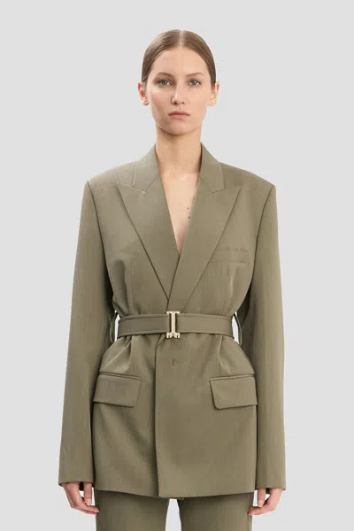 Victoria Beckham Belted Tailored Jacket In Sage Melange In Green