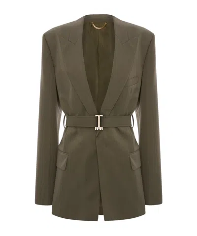 Victoria Beckham Belted Tailored Jacket In Sage Melange In Green
