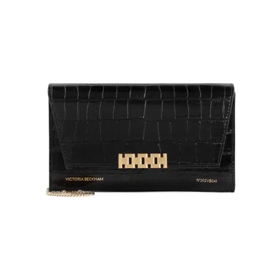 Victoria Beckham Black Crocodile Embossed Leather Wallet On Chain