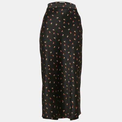 Pre-owned Victoria Beckham Black Floral Print Textured Satin Midi Skirt S