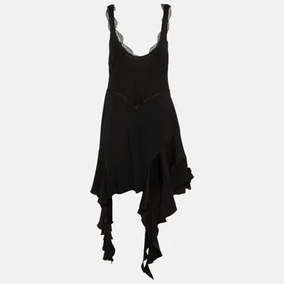 Pre-owned Victoria Beckham Black Lace Trim Sateen Dropped Ruffle Mini Dress L