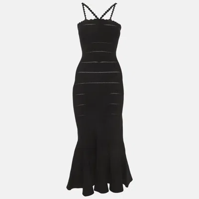 Pre-owned Victoria Beckham Black Stretch Knit Scallop Trim Midi Dress Xs