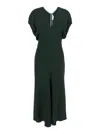 Victoria Beckham Green Midi Dress With Ruched Sleeves And V Neck