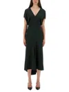 Victoria Beckham Green Midi Dress With Ruched Sleeves And V Neck In Green