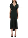 Victoria Beckham Green Midi Dress With Ruched Sleeves And V Neck In Green