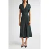 Victoria Beckham Green Midi Dress With Ruched Sleeves And V Neck In Black