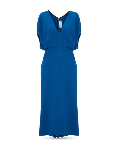 Victoria Beckham Womens Sapphire Blue V-neck Asymmetric-hem Stretch-woven Midi Dress