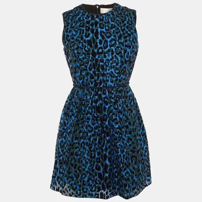 Pre-owned Victoria Beckham Blue/black Leopard Pattern Devore Sleeveless Dress M