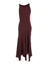Victoria Beckham Bordeaux Midi Dress With Draped Neckline And Asymmetric Hem In Viscose Blend Woman In Red