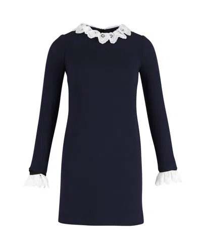 Victoria Beckham Broderie Anglaise-trimmed Mini Shift Dress In Navy Blue Wool