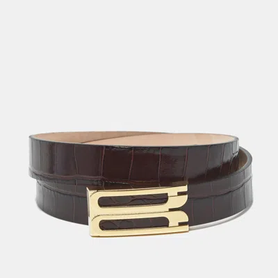 Pre-owned Victoria Beckham Brown Croc Embossed Leather Dorian Belt 70 Cm