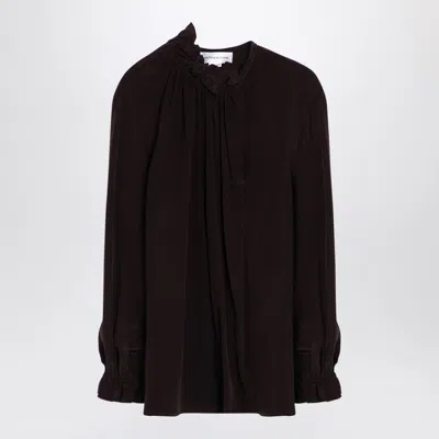 VICTORIA BECKHAM BROWN SILK RUFFLE NECK SHIRT